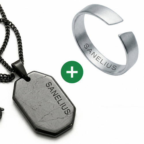 Hematite Dog Tag Necklace + Ring — Bundle